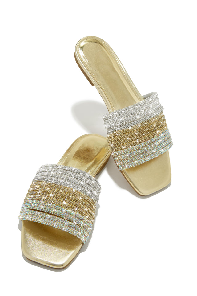 Load image into Gallery viewer, Gold Tone Embellished Slip On Sandals

