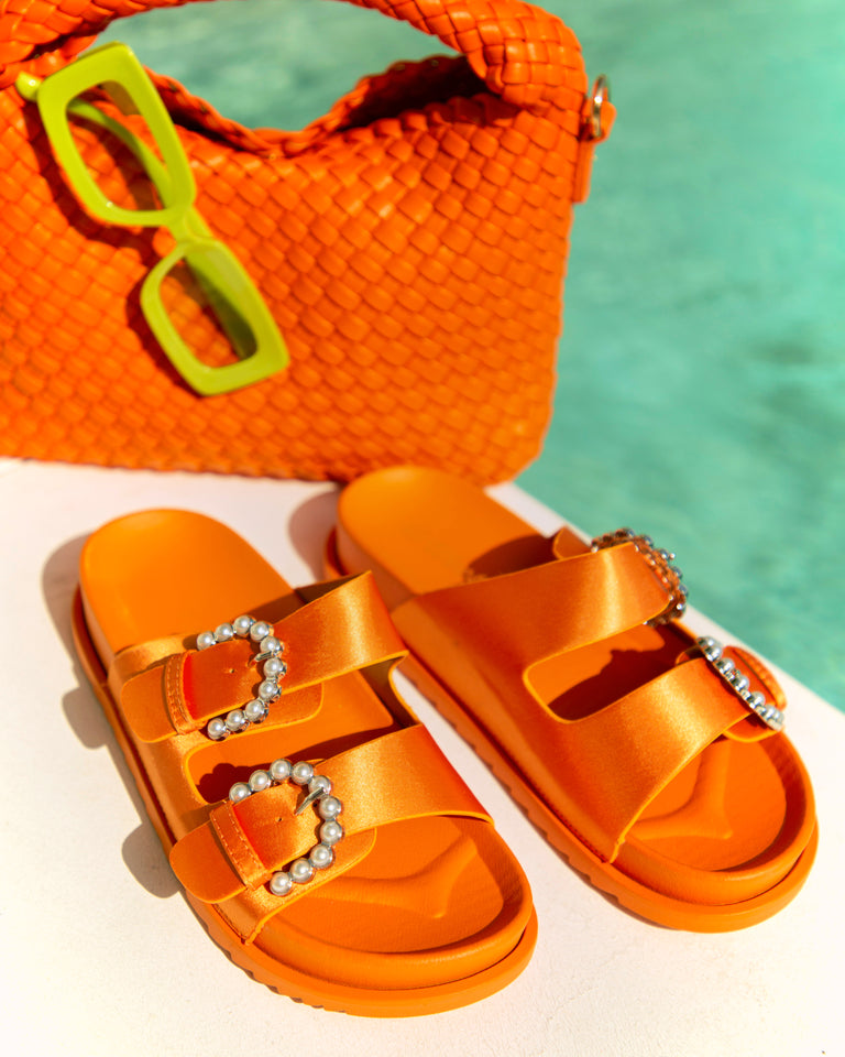 Load image into Gallery viewer, Orange Satin Sandals Styled with Orange Woven Leather PU Bag
