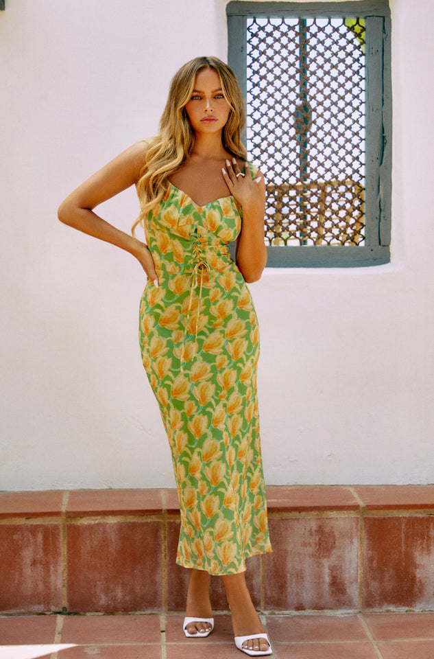 Load image into Gallery viewer, Women Standing with Green and Yellow Flower Dress
