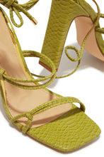 Load image into Gallery viewer, Green Embossed Snake Open Square Toe Lace Up Heels

