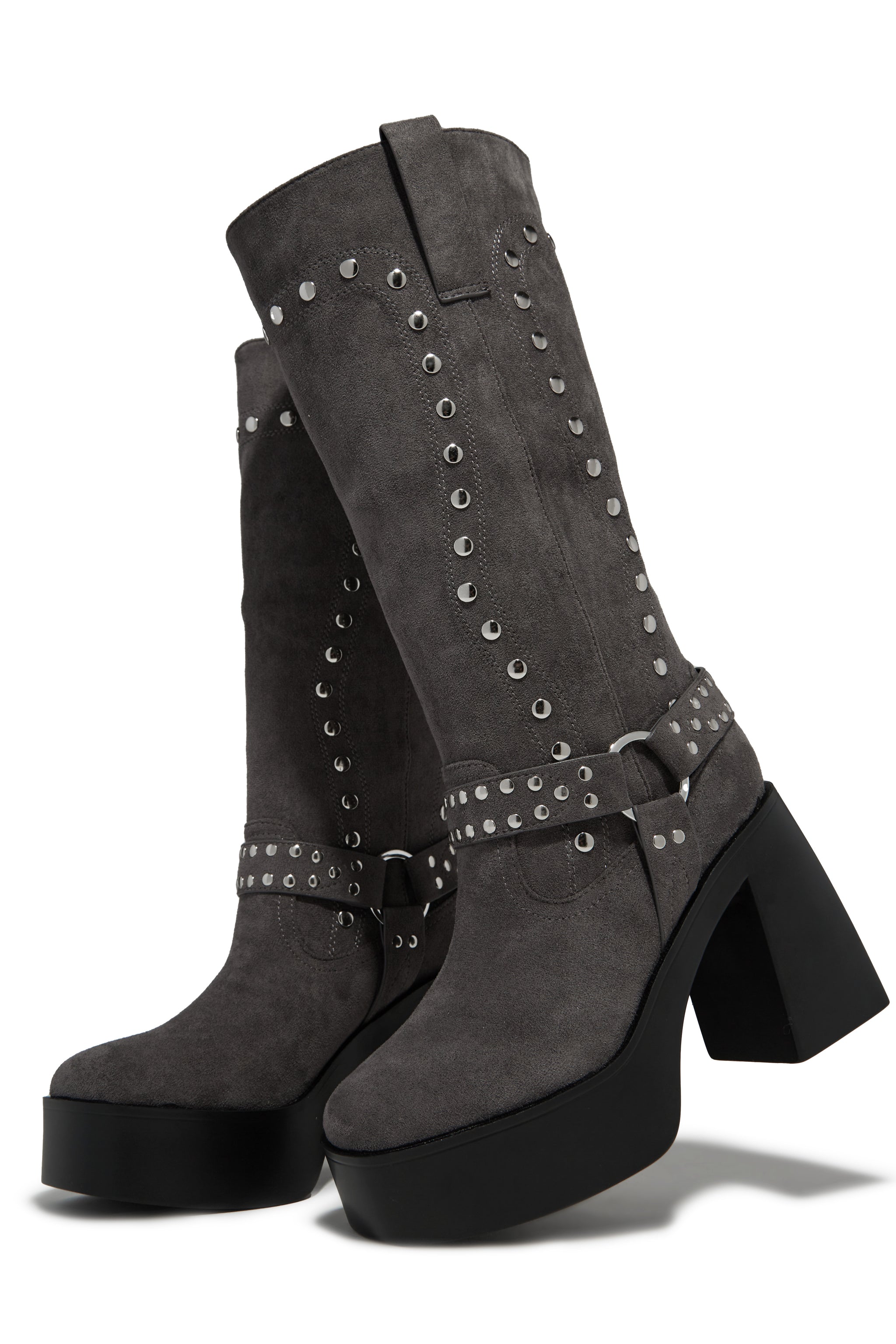 Miss Lola | Kamari Block Heel Moto Boots Grey – MISS LOLA