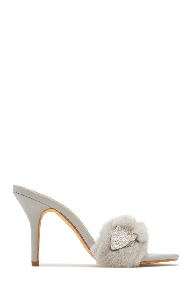 Load image into Gallery viewer, Cold Heart Faux Fur Strap High Heel Mules - Grey
