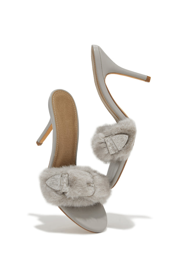 Load image into Gallery viewer, Cold Heart Faux Fur Strap High Heel Mules - Grey
