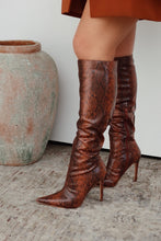 Load image into Gallery viewer, Haleigh Below The Knee Heel Boots - Brown Snake
