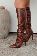Hailey Knee High Stiletto Boots - Brown Snake