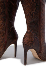 Load image into Gallery viewer, Haleigh Below The Knee Heel Boots - Brown Snake
