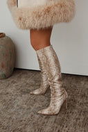Hailey Knee High Stiletto Boots - Nude Snake