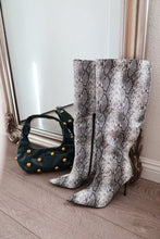 Load image into Gallery viewer, Hailey Knee High Stiletto Boots - Black/White Snake
