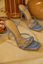 Load image into Gallery viewer, Women Wearing Denim Lace Up Strappy Heels
