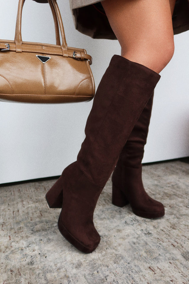 Load image into Gallery viewer, Hudson Wide Fit Platform Block Heel Boots - Brown Suede
