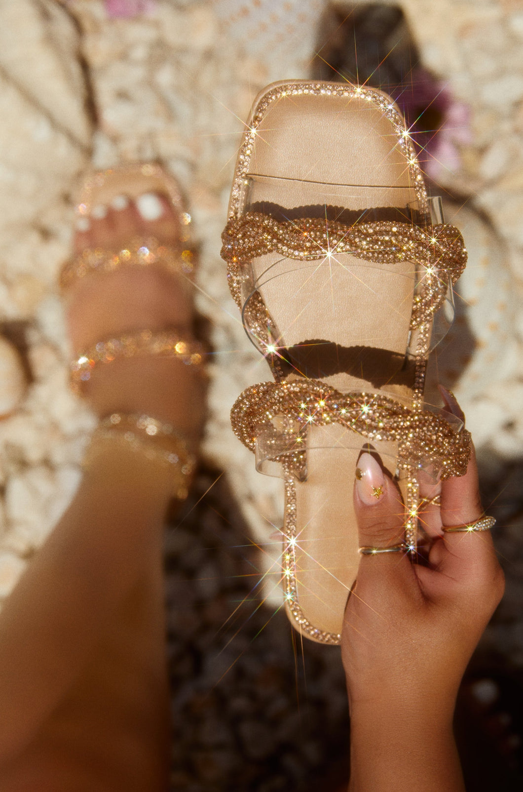 Rose Gold Embellished Slip On Sandals