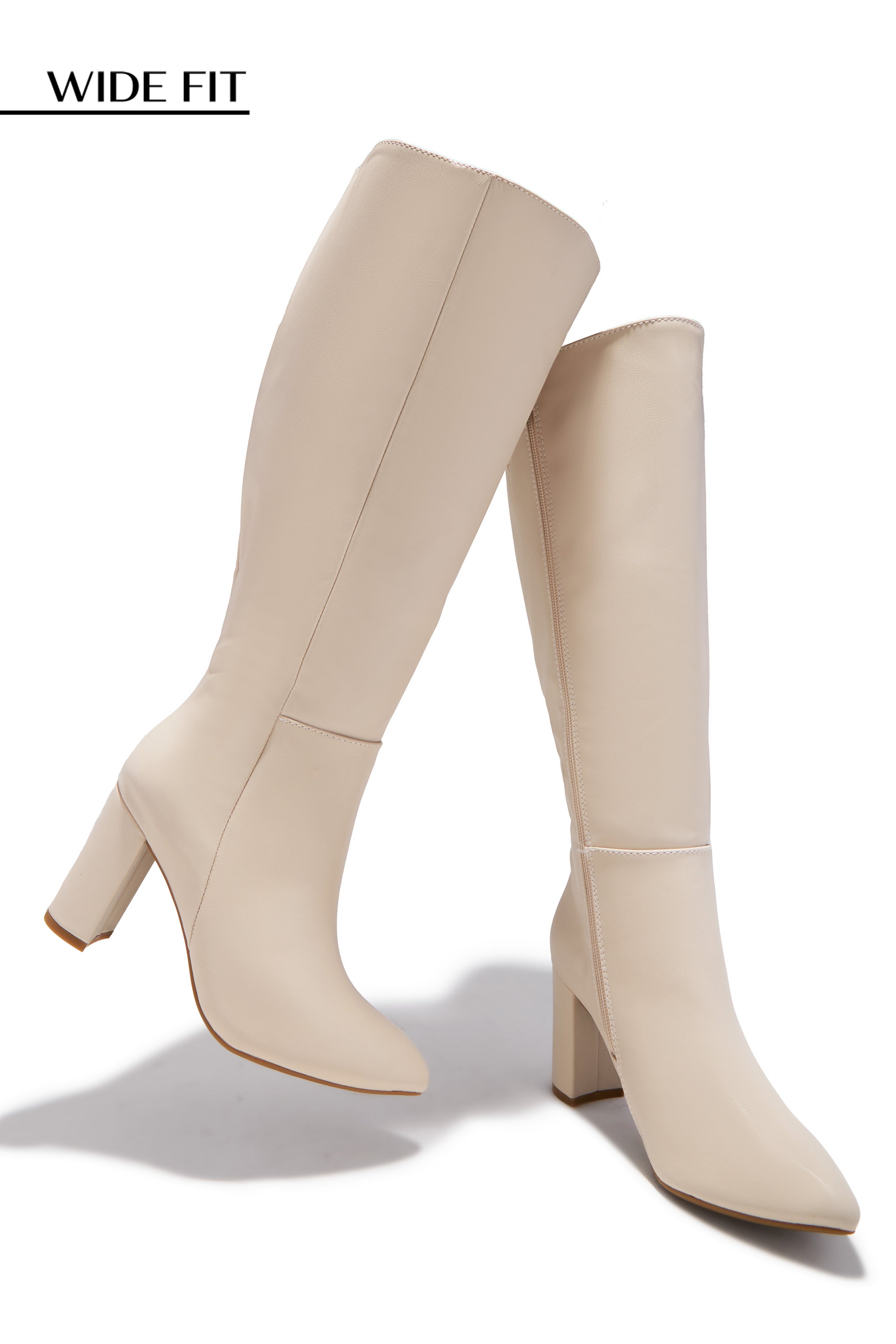 Miss Lola | Fine Time Ivory Wide Fit Block Heel Knee High Boots