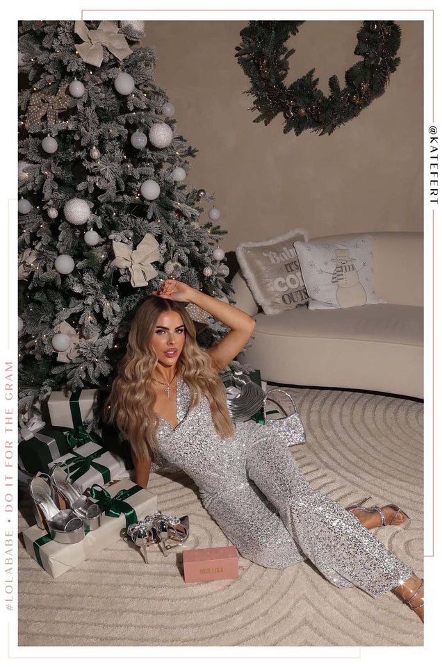 Load image into Gallery viewer, Silver Jumpsuit Holiday Outfit
