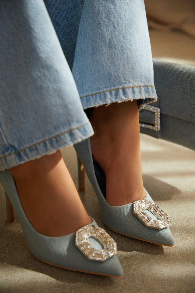 Load image into Gallery viewer, Kiara Embellished Pointed Toe Pumps - Denim
