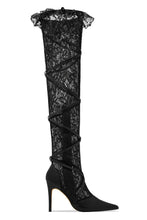 Load image into Gallery viewer, Black Over The Knee Lace Pointed Toe Boots

