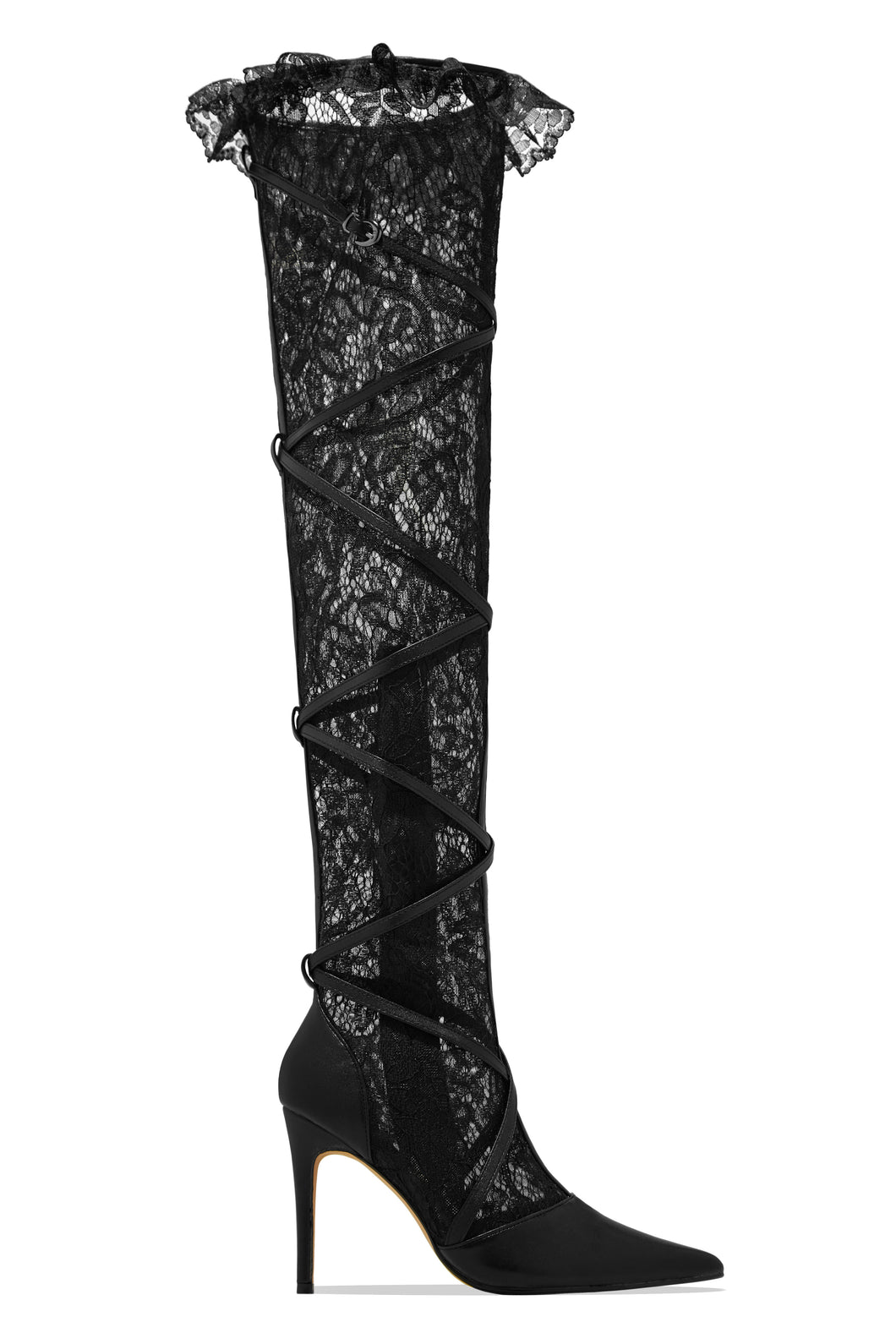 Black Over The Knee Lace Pointed Toe Boots