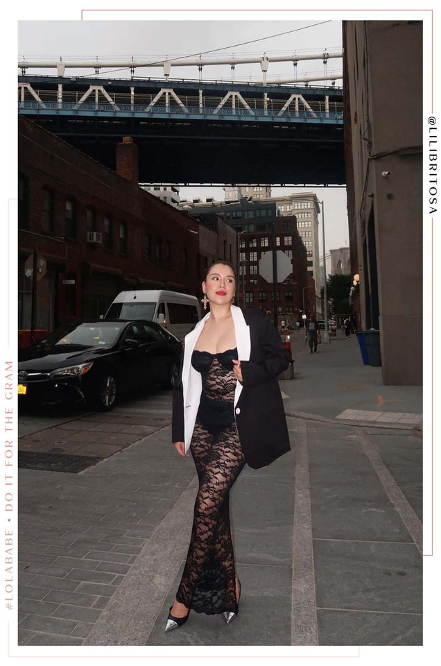 Load image into Gallery viewer, Black Lace Dress Styled with Black Blazer
