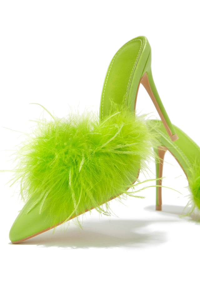 Load image into Gallery viewer, Lime Green Pointed Toe Mules with Faux Fur
