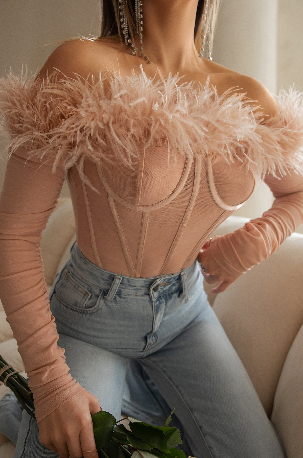 Love Attitude Off The Shoulder Faux Feather Long Sleeve Bodysuit - Nude