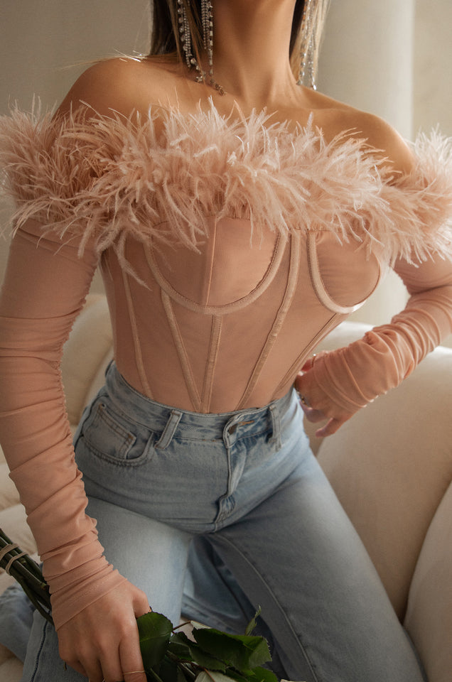 Load image into Gallery viewer, Love Attitude Off The Shoulder Faux Feather Long Sleeve Bodysuit - Nude
