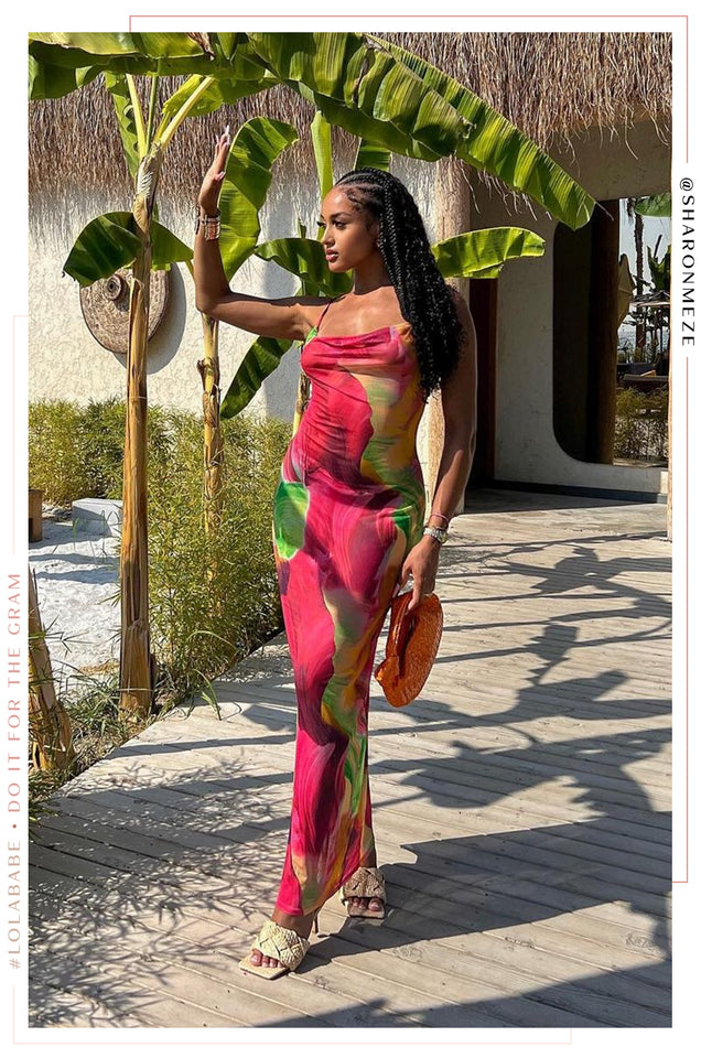 Load image into Gallery viewer, Female Standing On Vacation with Pink Multi Maxi Dress

