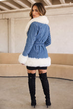 Load image into Gallery viewer, Mia Denim Faux Fur Trim Belted Coat – Blue
