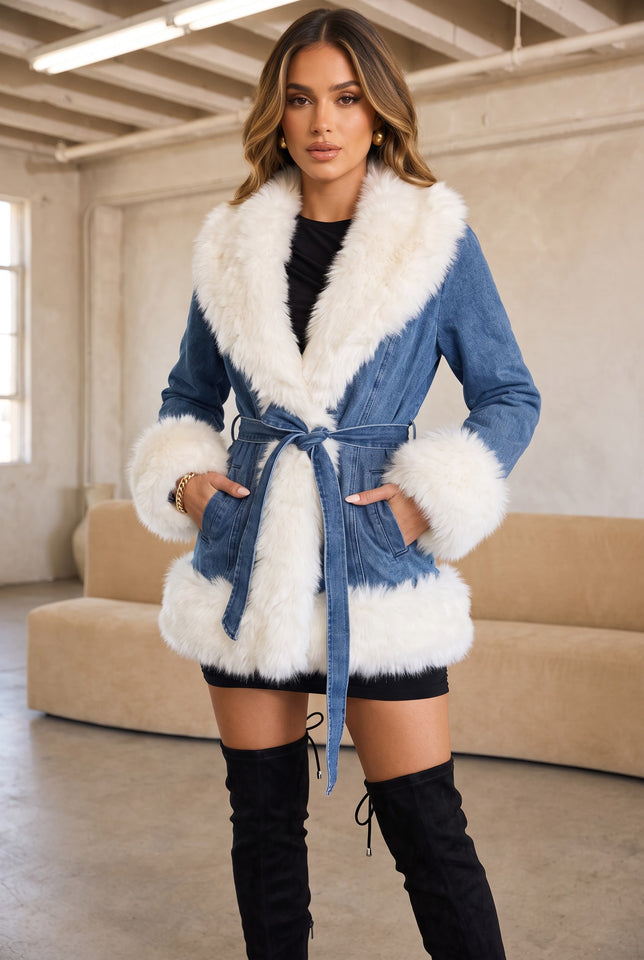 Load image into Gallery viewer, Mia Denim Faux Fur Trim Belted Coat – Blue
