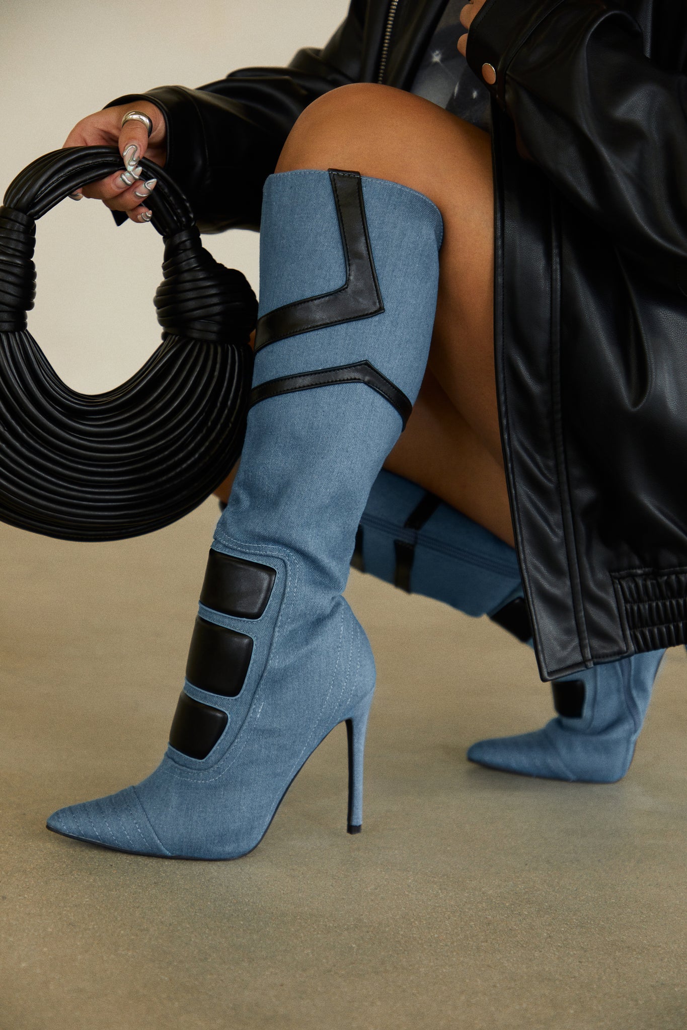 Miss Lola Midnight Sky Denim Moto Style Knee High Heel Boots
