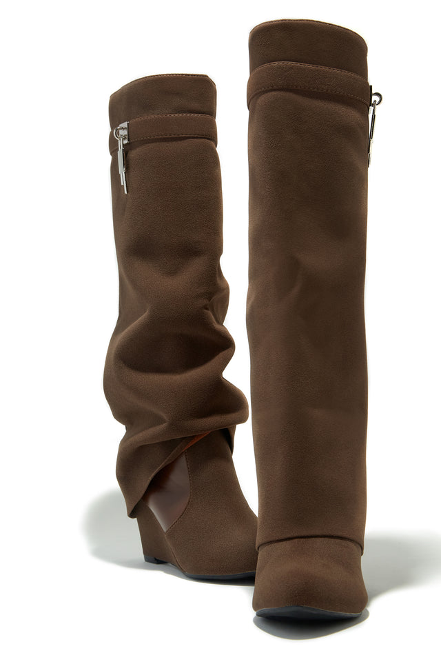 Load image into Gallery viewer, Kai Wedge Heel Knee High Shark Boots - Brown
