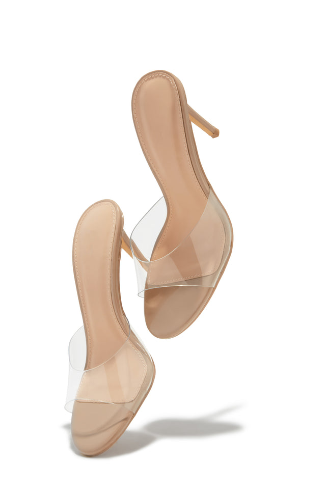 Load image into Gallery viewer, Alaiya Clear Strap Mid Heel Mules - Nude
