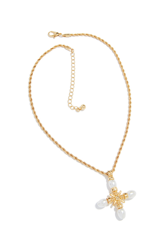 Load image into Gallery viewer, Gold Tone Cross Pearl Necklace
