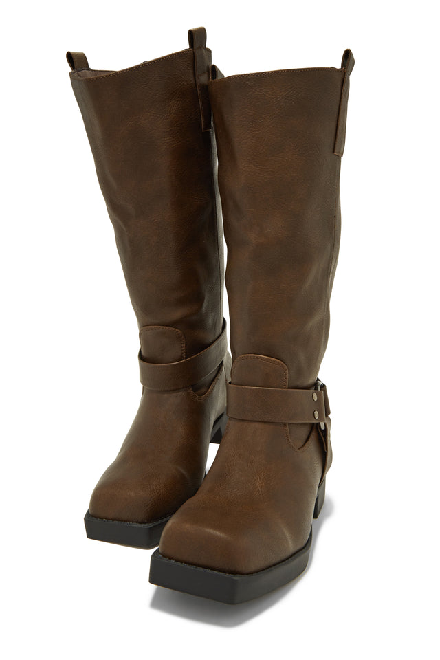 Load image into Gallery viewer, Brown Sqaure Toe Moto Boots
