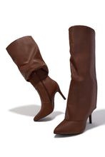 Load image into Gallery viewer, Natalia Knee High Stiletto Shark Boots - Cognac
