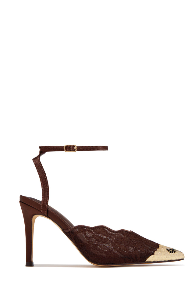 Load image into Gallery viewer, Charlotte Lace Pointed Toe Ankle Strap Pumps - Brown
