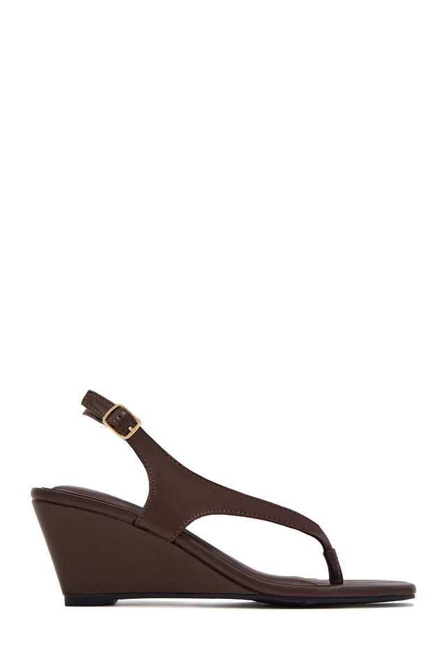 Load image into Gallery viewer, Shelly Thong Slingback Mid Heel Wedges - Brown
