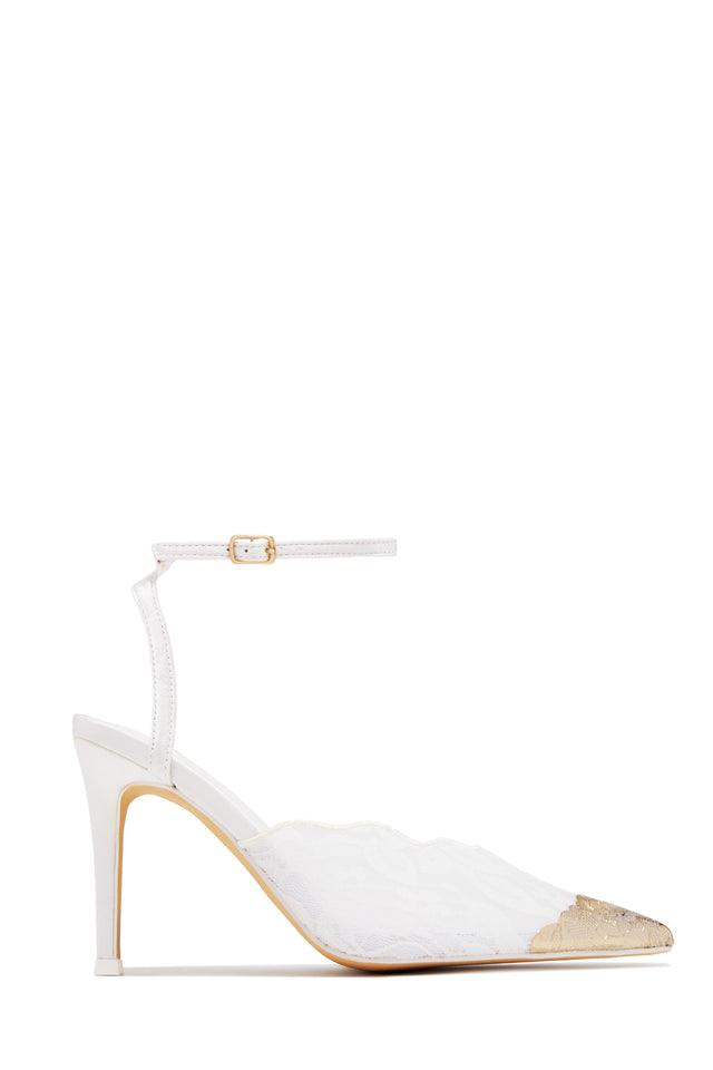 Load image into Gallery viewer, Charlotte Lace Pointed Toe Ankle Strap Pumps - White
