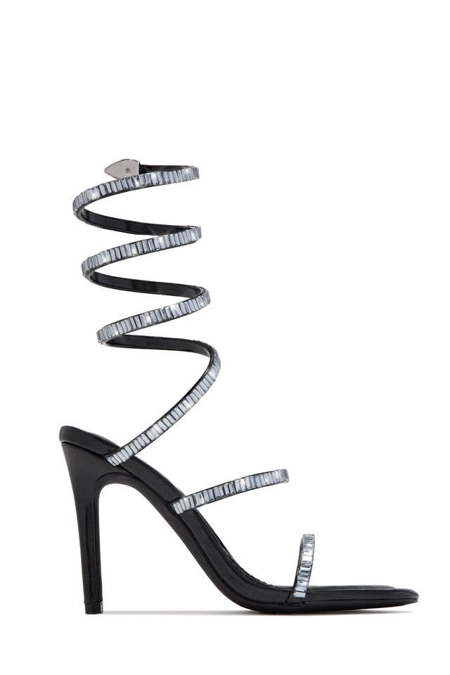 Load image into Gallery viewer, Amira Rhinestone Wraparound Strappy Heels - Black
