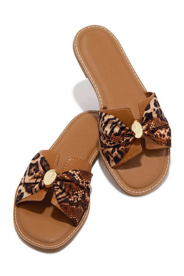 Load image into Gallery viewer, Eden Animal Print Bow Flat Sandals - Tan Multi
