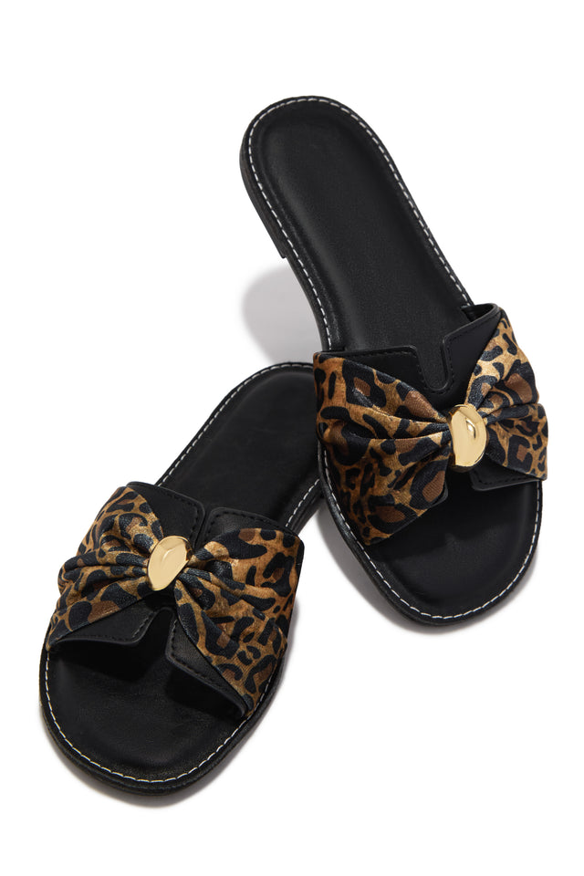 Load image into Gallery viewer, Eden Leopard Bow Flat Sandals - Black Multi
