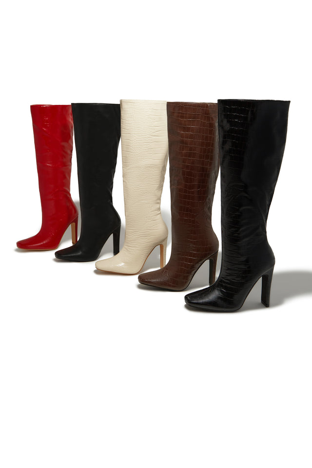 Miss Lola | Adelaisa Bone Croc Knee High Heel Boots – MISS LOLA