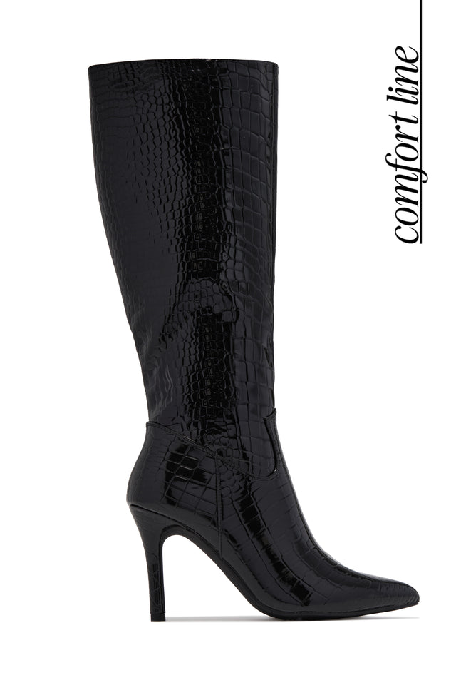 Load image into Gallery viewer, Jade Croc Embossed Knee High Boots – Black
