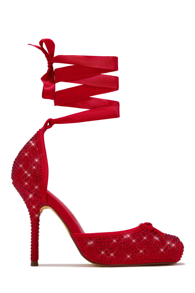Load image into Gallery viewer, Diamond Rhinestone Lace Up Heels – Red
