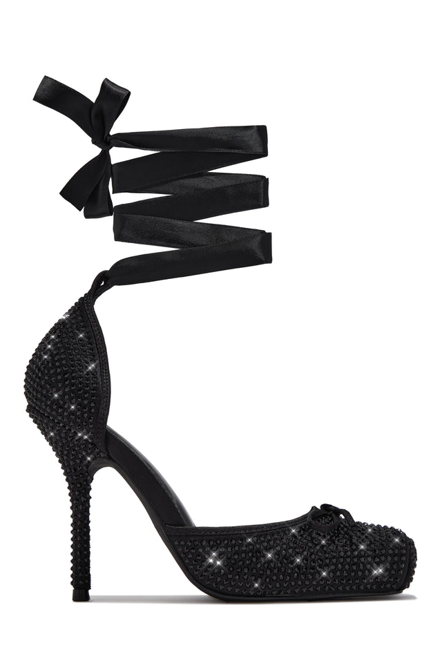 Load image into Gallery viewer, Diamond Rhinestone Lace Up Heels – Black
