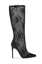 Load image into Gallery viewer, Vixen Lace Knee High Stiletto Boots – Black
