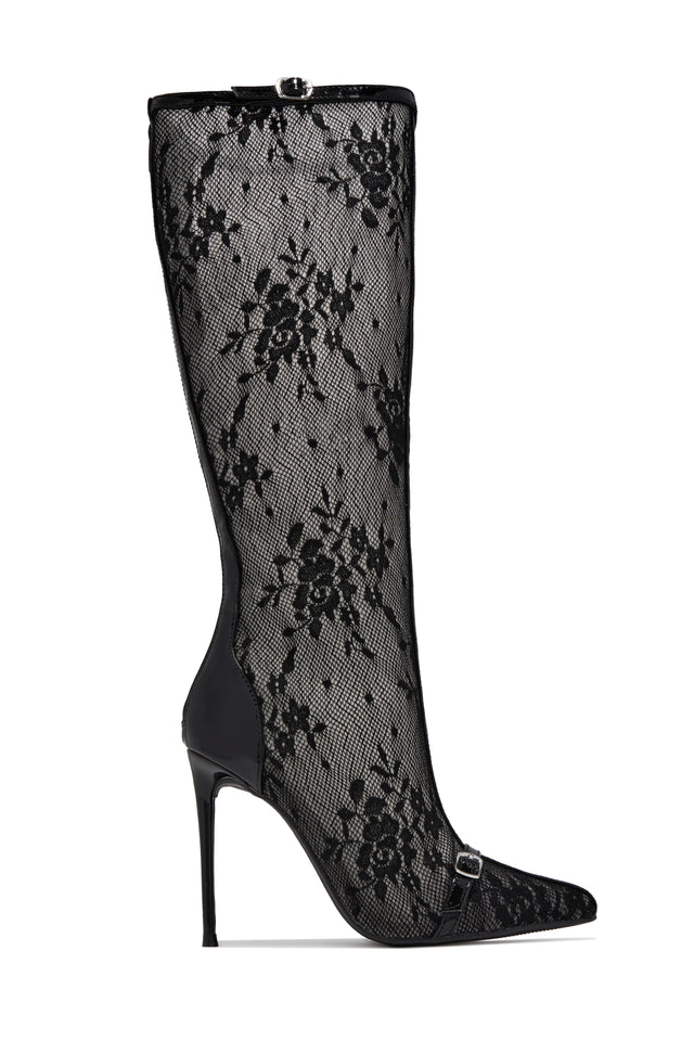 Load image into Gallery viewer, Vixen Lace Knee High Stiletto Boots – Black
