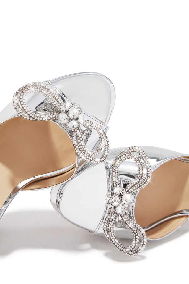 Caitelyn Embellished Bow Platform Block Heels - Silver