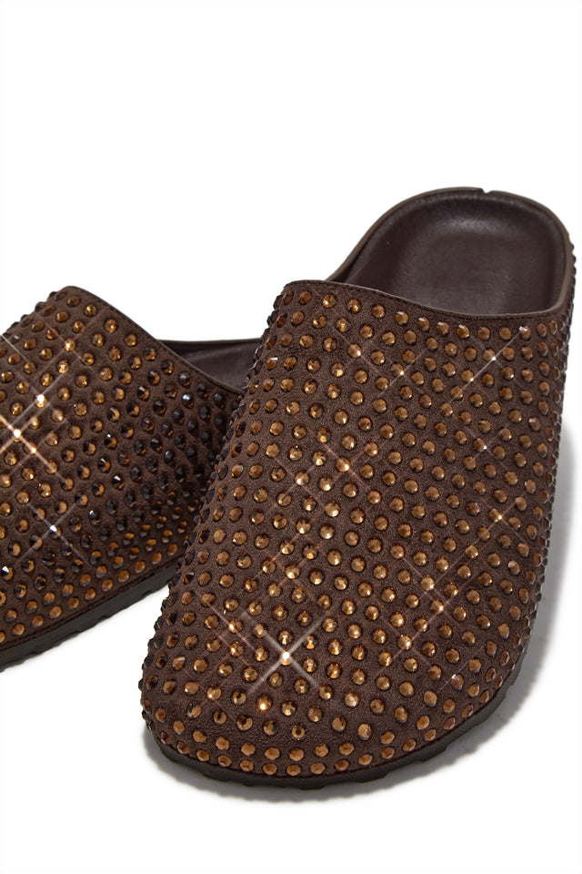 Load image into Gallery viewer, Belinda Rhinestone Mule Flats – Brown
