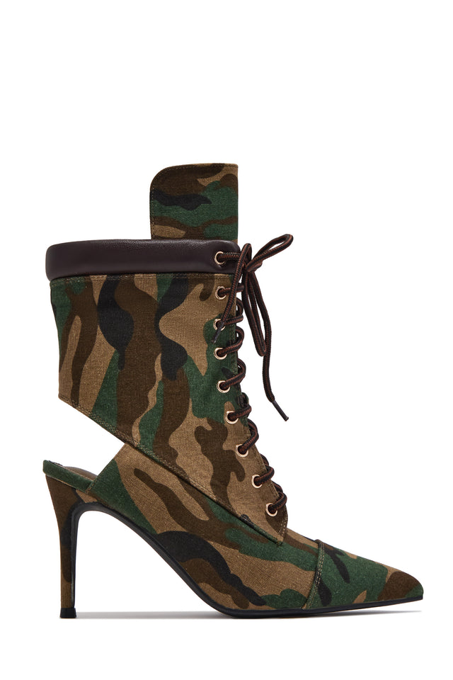 Load image into Gallery viewer, Remy Lace Up Pointed Toe Heel Booties – Camo
