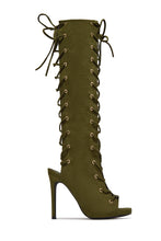 Load image into Gallery viewer, Bossy Lace Up Open Toe Knee High Boots – Olive
