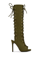 Bossy Lace Up Open Toe Knee High Boots – Olive